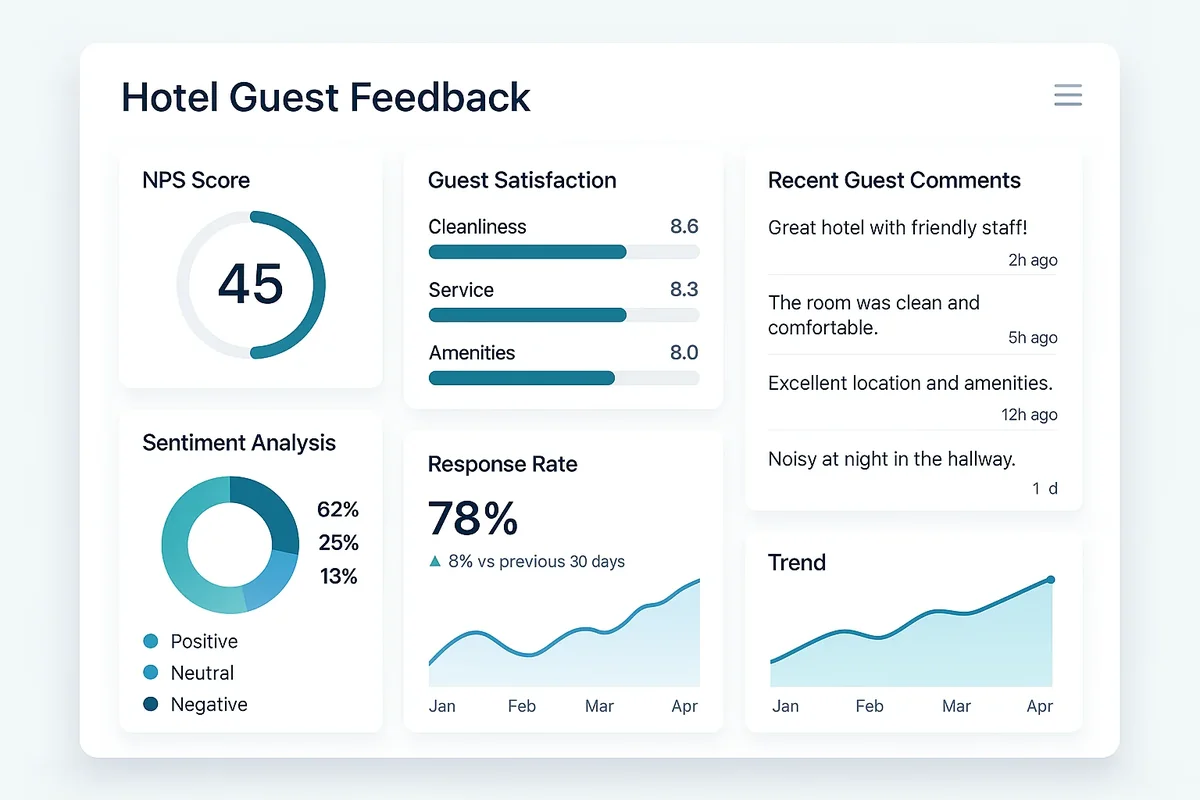 GuestMetrix analytics dashboard showing NPS trends, sentiment analysis, and real-time guest feedback metrics