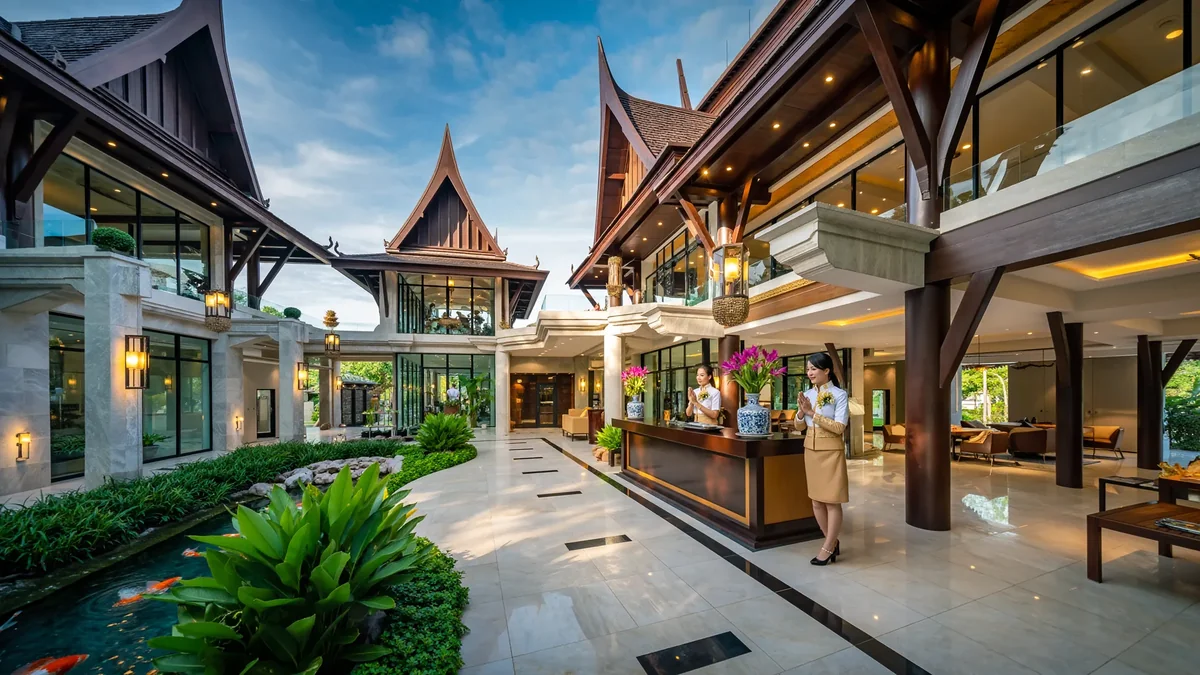 Thai beachfront resort lobby with staff welcoming international guests with traditional wai greeting
