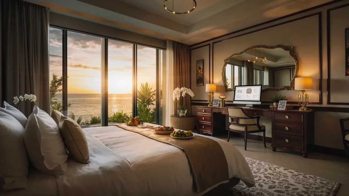 Luxury hotel suite with elegant QR code feedback stand and guest amenities, inviting guests to share their experience