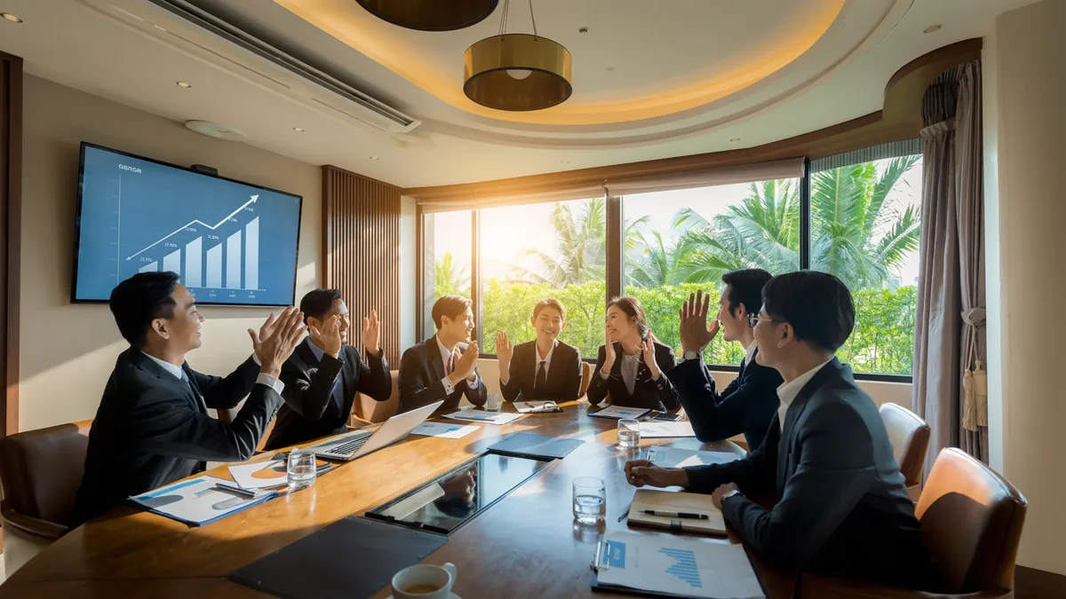 Hospitality leadership team celebrating positive results displayed on wall screen with upward trending graphs