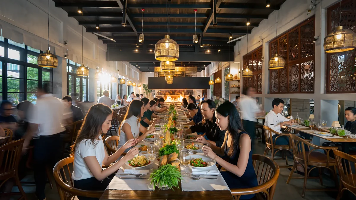 Vibrant Thai restaurant during dinner service with happy diners and professional servers