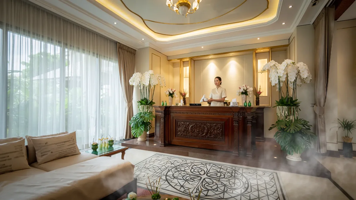 Tranquil Thai luxury spa reception with graceful receptionist and orchids