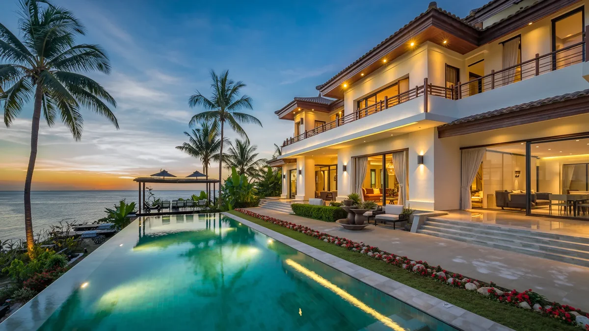 Luxury Thai beachfront villa at sunset with infinity pool and tropical landscaping